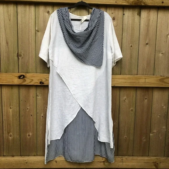 AMO 100% Linen Lagenlook Midi Dress White Navy Stripes Layered Italy with Scarf - Picture 1 of 14